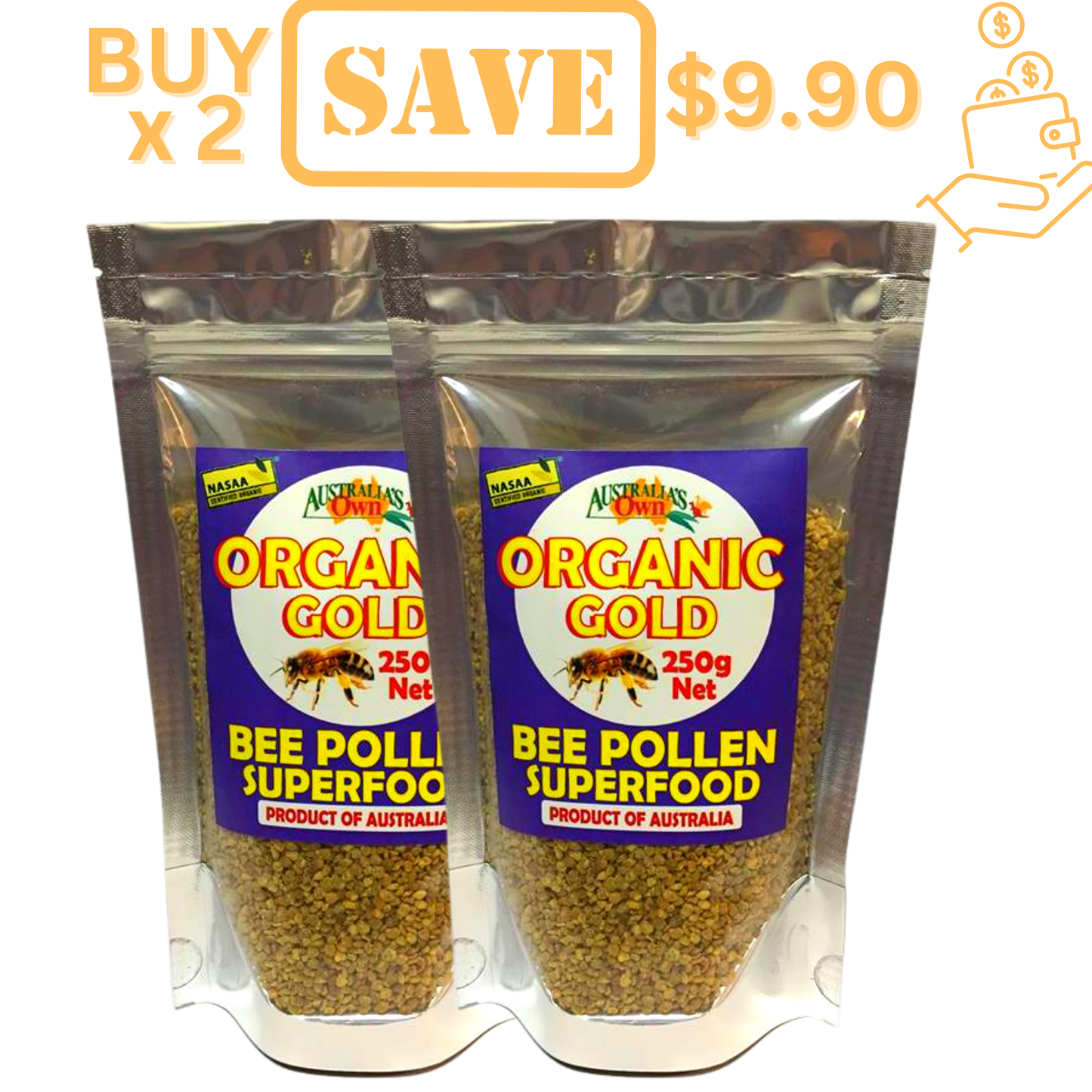 BEE POLLEN 100% Australian Cert. Organic Gold 250g Granules